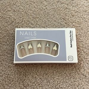 Silver French Tips with Rhinestones and Hearts Press-On Nails